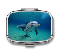 Dolphins Underwater Pill Case with 2 Compartment, Pill Organizer Portable Square Pill Box,Vitamin Pill Organizer for Pocket Purse and Travel