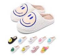 dolphinslides Slippers for Women and Men- Soft Plush Comfy Warm Couple Slip-On House Happy Face Flat Slides/Fuzzy Ladies Shoes For Winter Indoor Outdoor White Fade 3.5-4