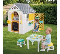 Dolu Garden Playhouse with Fence, Table & 2 Chairs & Kitchenware - White / Yellow (2+ Years)