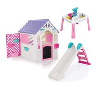 Dolu Playhouse with Fence, 2-in-1 Water Slide, 3-in-1 Water & Sand Activity Table 3-Piece Bundle - Pink (2+ Years)