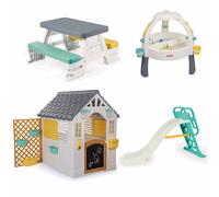 Dolu Playhouse with Fence, Large Water Slide, 3-in-1 Activity Table & Picnic Table 4-Piece Bundle - Grey (2+ Years)