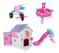 Dolu Playhouse with Fence, Large Water Slide, Water & Sand Activity Table & Trike 4-Piece Bundle - Pink (2+ Years)