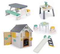 Dolu Playhouse with Fence,Table & Chairs,Water Slide,Activity Table & Picnic Table 5-Piece Bundle - Grey (2+ Years)