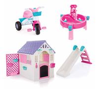 Dolu Playhouse with Fence, Water Slide, Large Water & Sand Activity Table & Trike 4-Piece Bundle - Pink (2+ Years)