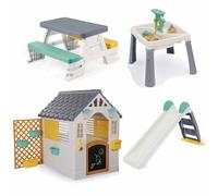 Dolu Playhouse with Fence, Water Slide, Water & Sand Activity Table & Picnic Table 4-Piece Bundle - Grey (2+ Years)