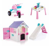 Dolu Playhouse with Fence, Water Slide, Water & Sand Activity Table & Trike 4-Piece Bundle - Pink (2+ Years)