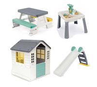 Dolu Playhouse with Water Slide, Water & Sand Activity Table & Picnic Table 4-Piece Bundle - Grey (2+ Years)