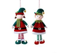 Dolvitrny Christmas Tree Hanging Couple Doll Pendants, Soft Fabric Gnome Ornaments with Long Legs and Bells, Red Green Holiday Decoration for Home