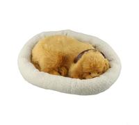 Dolvitrny Realistic Breathing Dog Plush Ornament - Soft Electronic Pet Toy for Desk, Shelf & Home Decor, Sleeping Dog in Woven Basket, White/Brown/Black(DogA)