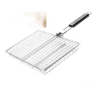 Dolvitrny Stainless Steel Foldable BBQ Clamp for Fish, Chicken Wings & Corn - Rust-Resistant Outdoor Grilling Tool with Beech Wood Handles(A)