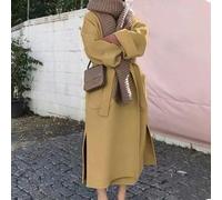 Dolvitrny Women's Double Sided Wool Blend Coat Long Over Knee Lapel Collar | Belted Trench Outerwear Classic Casual Winter Jacket for Office Daily Vacation Holiday Beige Yellow Red Green Grey