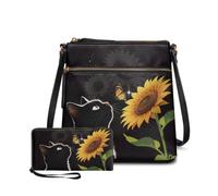 Dolyues 2 Piece Women's Black Cat Sunflower Purses and Wallet Set