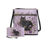 Dolyues 2 Piece Womens Floral Black Cat Leather Purses and Wallets