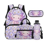 Dolyues 4 in 1 Axolotl Daisy Flower Backpack with Lunch Box for Third Grade Girls 8-10 Elementary School Backpacks Book Bags for Kids with Water Bottle Sleeve