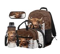 Dolyues 4 Pack Kids Backpack and Lunch Box Set for Boys Age 8-10 Cool 5th Grade Elementary School Backpacks with Water Bottle Sleeve Highland Cow Bookbag