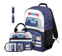 Dolyues 4 Pack Police Car Backpack Set for Boys with Lunch Box Third Grade Elementary School Backpacks for Kids Zip Pencil Case Boy Book Bags Ages 8-10