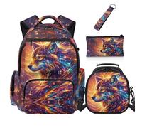 Dolyues 4 Pack Wolf Backpack Lunchbox Cambo for Boys Third Grade Elementary School Backpacks for Kids Zip Pencil Case Book Bags Age 8-10 Running Daypack