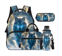 Dolyues 4 PCS Backpack for Boys 8-10 Cool 5th Grade Wolf Bookbag with Lunch Box Kids Back to School Book Bags with Water Bottle Holder Travel Daypack
