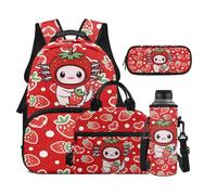 Dolyues 4 PCS Backpack Lunchbox Combo Axolotl Strawberry Bookbag with Water Bottle Holder for Girls Third Grade Elementary School Backpacks for Kids 8-10