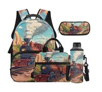 Dolyues 4 PCS Backpack with Lunch Box Comfortable Train Bookbag for Boys with Water Bottle Holder Third Grade Elementary School Backpacks for Kids Ages 8-10