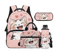 Dolyues 4 PCS Cat Backpack Lunchbox Combo for Girls with Water Bottle Holder Third Grade Bookbag for Kids Age 8-10 Lightweight Elementary School Backpacks