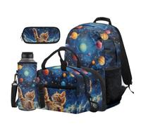 Dolyues 4 PCS Kids Backpack Lunchbox Combo for Boys Age 8-10 Ergonomic Third Grade Elementary School Backpacks with Water Bottle Holder Cat Planet Bookbag