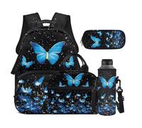 Dolyues 4 Piece Backpack Lunchbox Combo Blue Butterfly Bookbag with Water Bottle Holder for Girls 4th Grade Elementary School Backpacks for Kids 8-10