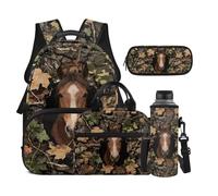 Dolyues 4-Piece Camo Backpack with Lunch Box Horse Bookbag for Boys with Water Bottle Holder Third Grade Elementary School Backpacks for Kids Ages 8-10
