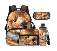 Dolyues 4 Piece Cow Print Backpack and Lunch Box Set for Third Grade Girls 8-10 Elementary School Backpacks with Water Bottle Sleeve Book Bags for Kids