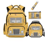 Dolyues 4 Piece School Bus Backpack Lunchbox Cambo for Boys Third Grade Elementary School Backpacks for Kids Age 8-10 Zip Pencil Case Book Bags Hiking Daypacks