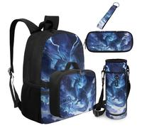 Dolyues 5 PCS Dragon Backpacks with Lunch Box Attached 5th Grade Back to School Backpack for Boys with Water Bottle Holder Age 8-10 Bookbag Keychain