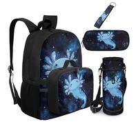 Dolyues 5 Piece Axolotl Backpack with Attached Lunch Box Elementary School Backpacks for Boys with Water Bottle Sleeve Third Grade Book Bags Age 8-10
