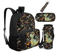 Dolyues 5 Piece Dinosaur Kids Backpack with Lunch Bag Attached Third Grade Back to School Book Bags for Boys Age 8-10 Bookbag with Water Bottle Holder Keychain