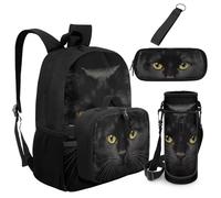 Dolyues 5-Piece Kids Backpack with Lunch Box Attached 3rd Grade Black Cat Book Bags for Boys Age 8-10 Back to School Bookbag with Water Bottle Holder