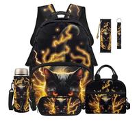 Dolyues 6 in 1 Black Cat Backpack and Lunch Box Set for School 8-10 Bookbag for Boys 3rd Grade Backpacks for Elementary Kids with Water Bottle Holder