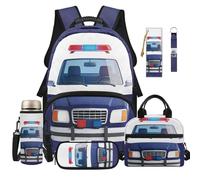 Dolyues 6 in 1 Police Car Backpack with Lunch Box for Boys Elementary School Backpacks Ages 8-10 Back to School Book Bags for Third Grade Kids with Keychain