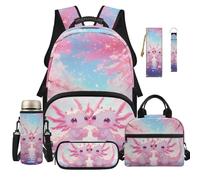 Dolyues 6 Pack Axolotl Backpack and Lunch Box Set for Girls Elementary School Bookbag Ages 8-10 Kawaii Third Grade Backpacks for Kids with Water Bottle Sleeve