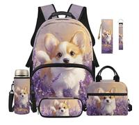 Dolyues 6 Pack Corgi Lavender Backpack and Lunch Box Set for Girls 8-10 Backpacks Cute 5th Grade Back to School Bags for Elementary Kids with Keychain