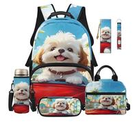 Dolyues 6 PCS Backpack with Lunch Box for Girls 8-10 White Puppy Dog Print Backpacks Cute 5th Grade Back to School Bags for Elementary Kids with Keychain