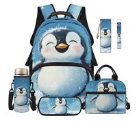 Dolyues 6 PCS Penguin Backpack Lunchbox Combo for Girls Elementary School Bookbag Ages 8-10 Kawaii Backpacks for Third Grade Kids with Water Bottle Sleeve