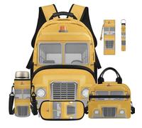 Dolyues 6 PCS School Bus Backpack Lunchbox Combo for School 8-10 Bookbag for Boys Third Grade Backpacks for Elementary Kids with Water Bottle Holder