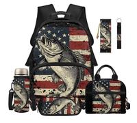 Dolyues 6-Piece American Flag Fish Backpack Lunchbox Combo for 3rd Grade Boys Elementary School Backpacks Cool Back to School Bags for Kids Ages 8-10