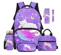 Dolyues 6-Piece Backpack Lunchbox Combo for Girls 8-10 Cat Planet Backpacks Cute 5th Grade Back to School Bags for Elementary Kids with Water Bottle Holder