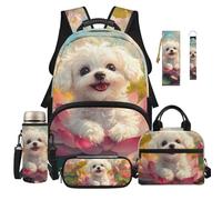 Dolyues 6 Piece Backpack Lunchbox Combo for Girls Elementary School White Puppy Dog Print Bookbag Ages 8-10 Kawaii 4th Grade Backpacks for Kids with Keychain
