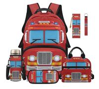 Dolyues 6-Piece Fire Engine Backpack and Lunch Box Set for School 8-10 Bookbag for Boys Third Grade Backpacks for Elementary Kids with Water Bottle Holder