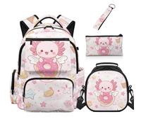 Dolyues Axolotl Backpack for Girls Cute Elementary School Backpacks with Lunch Box Age 8-10 Basic Pencil Case for Kids Book Bags 3rd Grade Gym Rucksack
