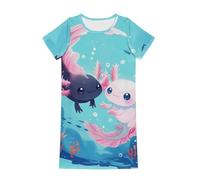 Dolyues Axolotl Couple Girls Nightgowns Pajamas Dress Cartoon Printed Short Sleeve Sleepwear Nightdress Nightshirt for 5-12 Years Blue Dress for Home 11-12T