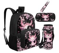 Dolyues Axolotl Flower Kids Backpack with Lunch Box Attached 5 PCS Bookbag for Girls Third Grade Elementary School Backpacks Age 8-10 with Water Bottle Sleeve