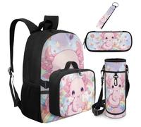 Dolyues Axolotl Rainbow Book Bag with Lunch Box Attached 5 in 1 Bookbag for Girls 5th Grade Elementary School Backpacks Age 8-10 with Water Bottle Sleeve