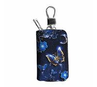 Dolyues Blue Butterfly Crystal Hibiscus Car Key Case Holder for Most Sizes of Cars Keys, Easy to Carry, Women Leather Keychain Protector Remote Key Bag with Hook and Zipper Design
